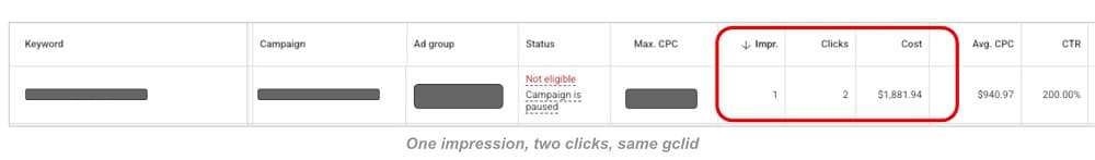 one impression 2 clicks, same gclid